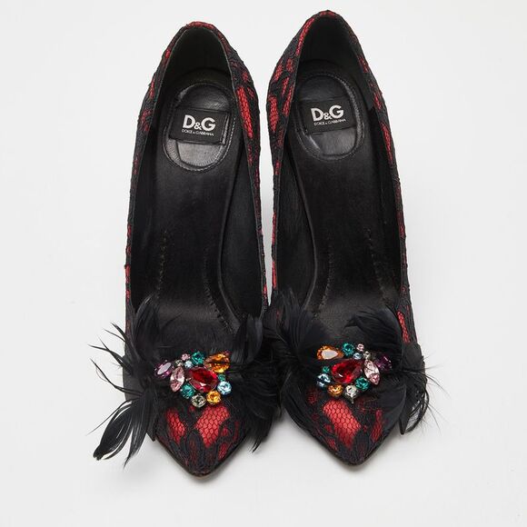 D&g Red/black Feather And Crystal Embellished Lace And Satin Pumps Size 37.5